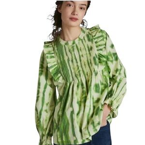 LN Anthropologie Samant Chauhan Emilia Green Tie Dye Print Ruffle Blouse - M